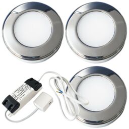 Loops 3x CHROME Round Surface or Flush Under Cabinet Kitchen Light & Driver Kit - Natural White LED