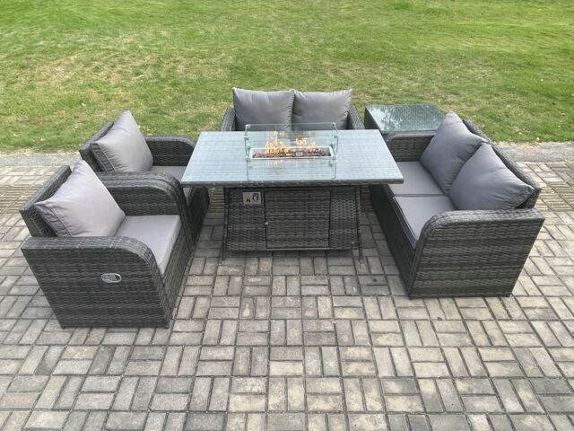 Fimous 6 Seater Rattan Garden Furniture Set Propane Gas Fire Pit Table & Sofa Chair set with Side Table in Dark Grey - image 1