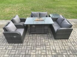 Fimous 6 Seater Rattan Garden Furniture Set Propane Gas Fire Pit Table & Sofa Chair set with Side Table in Dark Grey - thumbnail 1