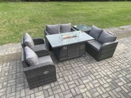 Fimous 6 Seater Rattan Garden Furniture Set Propane Gas Fire Pit Table & Sofa Chair set with Side Table in Dark Grey - thumbnail 3