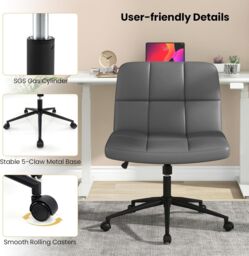Gymax Upholstered Cross Leg Office Chair Oversized Vanity Chair With Wheels in Grey - thumbnail 6