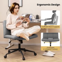 Gymax Upholstered Cross Leg Office Chair Oversized Vanity Chair With Wheels in Grey - thumbnail 2
