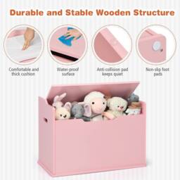 Costway Wooden Toy Box Lift-Top Storage Chest Seating Bench in Pink - thumbnail 4