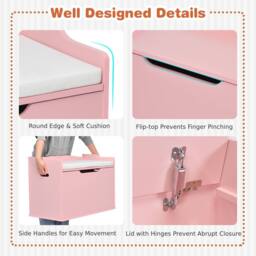 Costway Wooden Toy Box Lift-Top Storage Chest Seating Bench in Pink - thumbnail 3