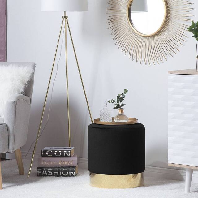 Wyld and Coco Living Velvet Round Footstool Black with Gold Base - image 1