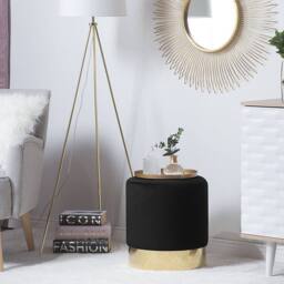 Wyld and Coco Living Velvet Round Footstool Black with Gold Base - thumbnail 1