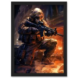 Artery8 Wall Art Print Army Warfare Desert Sniper Explosion Flames Oil Painting Soldier Action Scene Artwork Framed A4 in Black - thumbnail 1