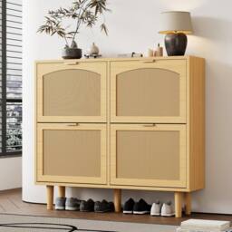 BTM Rattan Shoe Cabinet Slim Storage Drawers Farmhouse Shoe Rack in Light Oak - thumbnail 4