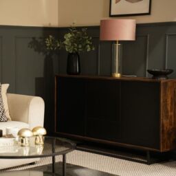 ValueLights Balan Glass & Matt Gold Table Lamp with Velvet Drum Lamp Shade & LED Bulb in Mid Grey