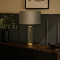 ValueLights Balan Glass & Matt Gold Table Lamp with Velvet Drum Lamp Shade & LED Bulb in Mid Grey - thumbnail 5