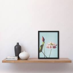 Artery8 Pink Lotus Flower Blooms Vintage Japan Framed Wall Art Print Kazumasa in Blue - Size: A4 - thumbnail 4