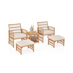 Gymax 5PCS Patio Wicker Sofa Set With 2-Tier Coffee Table & 2 Ottomans in Khaki - Size: 5 Pack