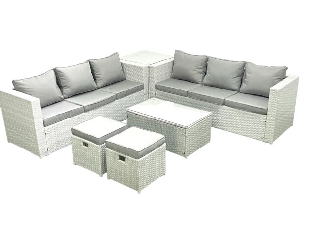 Fimous Garden Outdoor PE Rattan Furniture Set 8 Seater Rattan Garden Sofa Set with 2 Small Footstool Side Table Light Grey Mixed - image 1