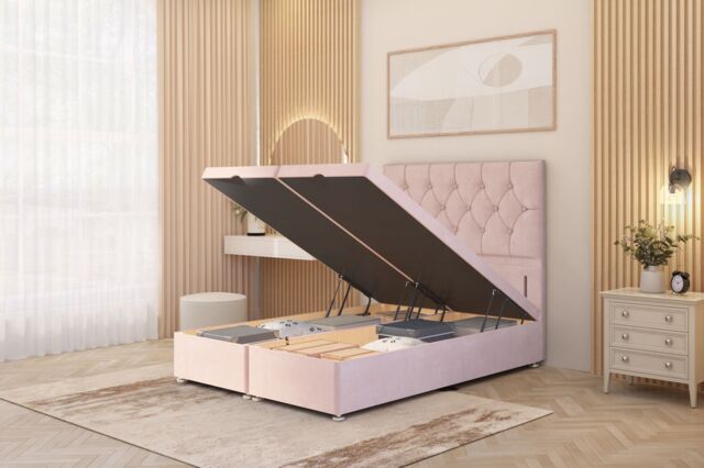 Somnior Ziggy Plush Velvet Ottoman Bed Base with Floor Standing Headboard in Pink - Size: Double - image 1