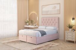 Somnior Ziggy Plush Velvet Ottoman Bed Base with Floor Standing Headboard in Pink - Size: Double - thumbnail 2