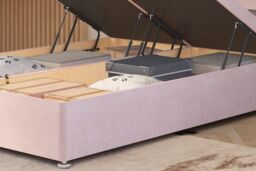 Somnior Ziggy Plush Velvet Ottoman Bed Base with Floor Standing Headboard in Pink - Size: Double - thumbnail 4