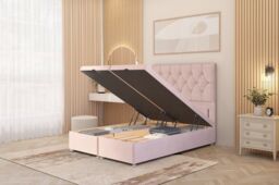 Somnior Ziggy Plush Velvet Ottoman Bed Base with Floor Standing Headboard in Pink - Size: Double - thumbnail 1