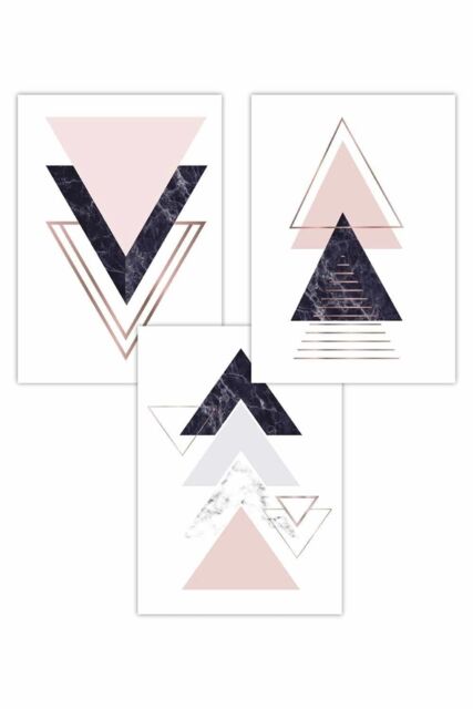 ARTZE Set of 3 Navy Pink Geometric Triangle Set Art Posters in Light Pink - Size: W50 cm x H70 cm - image 1