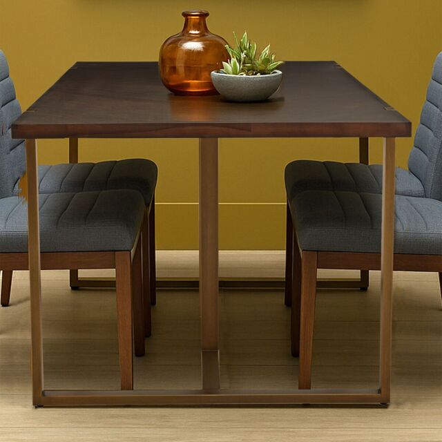 Orsina Brass Base Dining Table, Acacia Wood Top Dining Room Table, Sledge Design Rectangle Dining Table in Grey - image 1