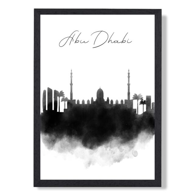 ARTZE Abu Dhabi Watercolour Skyline City Framed Print SIZE: A2 with Black Frame - Size: A4 - image 1