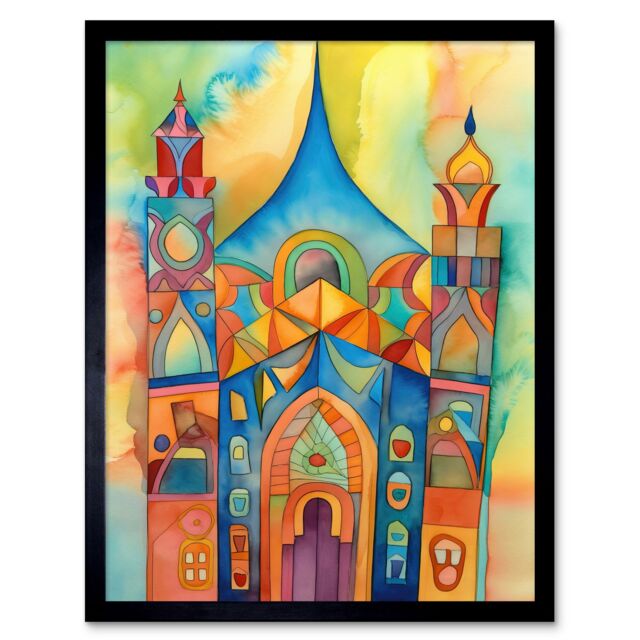 "Artery8 Wall Art Print Jewish Synagogue Building Multicoloured Folk Art Watercolour Painting Art Framed in Black - Size: W12"" x H16""" - image 1