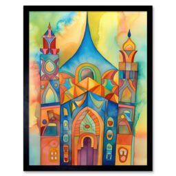 "Artery8 Wall Art Print Jewish Synagogue Building Multicoloured Folk Art Watercolour Painting Art Framed in Black - Size: W12"" x H16""" - thumbnail 1