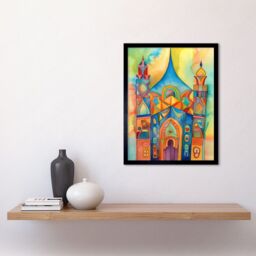"Artery8 Wall Art Print Jewish Synagogue Building Multicoloured Folk Art Watercolour Painting Art Framed in Black - Size: W12"" x H16""" - thumbnail 2