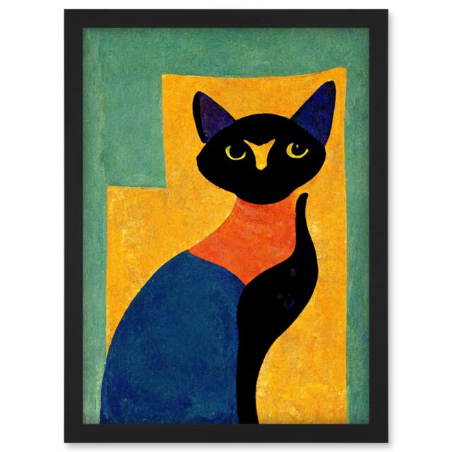 Artery8 Modern Abstract Minimalist Cat Artwork Framed Wall Art Print A4 in Black - image 1
