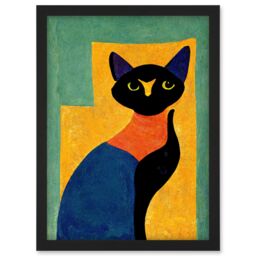 Artery8 Modern Abstract Minimalist Cat Artwork Framed Wall Art Print A4 in Black - thumbnail 1