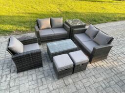 Fimous Rattan Garden Furniture Set 7 Seater Patio Outdoor Lounge Sofa Chair Set with Side Table Rectangular Coffee Table 2 Small Footstools - thumbnail 2