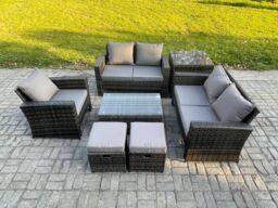 Fimous Rattan Garden Furniture Set 7 Seater Patio Outdoor Lounge Sofa Chair Set with Side Table Rectangular Coffee Table 2 Small Footstools - thumbnail 1