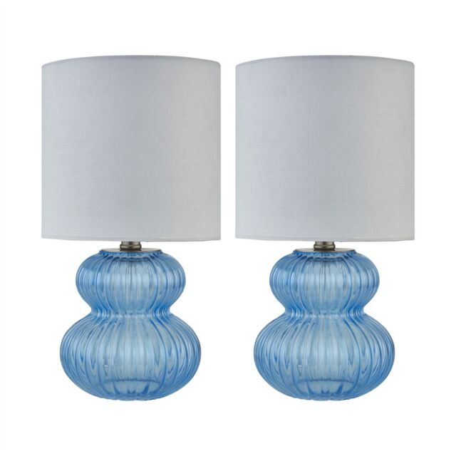 First Choice Lighting Walter - Set of 2 Blue Ribbed Glass 29cm Table Lamps with White Shade - image 1