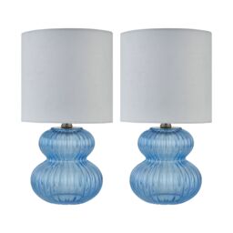 First Choice Lighting Walter - Set of 2 Blue Ribbed Glass 29cm Table Lamps with White Shade