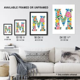 "Artery8 Women's Wall Art Print Letter M in Bright Colourful Flowers Spring Garden Floral Word Art Framed Poster - Size: W12"" x H16""" - thumbnail 3