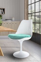 Fusion Living White Tulip Dining Chair with Luxurious Cushion in Turquoise