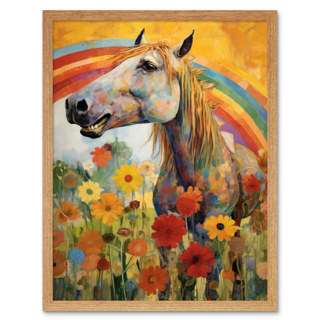 "Artery8 Wall Art Print Girls Bedroom Nursery Artwork Rainbow Horse With Flowers Bright Colourful Happy Art Framed in Light Oak - Size: W12"" x H16""" - image 1