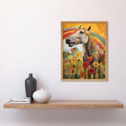 "Artery8 Wall Art Print Girls Bedroom Nursery Artwork Rainbow Horse With Flowers Bright Colourful Happy Art Framed in Light Oak - Size: W12"" x H16""" - thumbnail 2