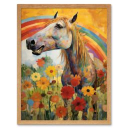 "Artery8 Wall Art Print Girls Bedroom Nursery Artwork Rainbow Horse With Flowers Bright Colourful Happy Art Framed in Light Oak - Size: W12"" x H16""" - thumbnail 1