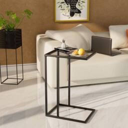 Huhote Sleek C Shaped End Table with Glass Top & Metal Frame in Black - thumbnail 2