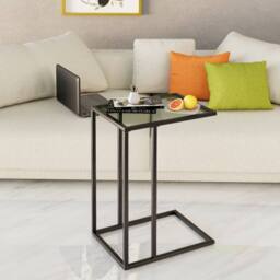 Huhote Sleek C Shaped End Table with Glass Top & Metal Frame in Black - thumbnail 1