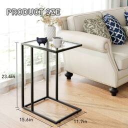 Huhote Sleek C Shaped End Table with Glass Top & Metal Frame in Black - thumbnail 5