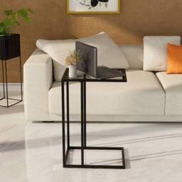 Huhote Sleek C Shaped End Table with Glass Top & Metal Frame in Black - thumbnail 3