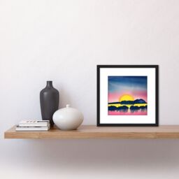 Artery8 Sunset In Winter Sky Hills Navy Pink Watercolour Painting Square Wooden Framed Wall Art Print Picture 8X8 Inch in Black - thumbnail 2