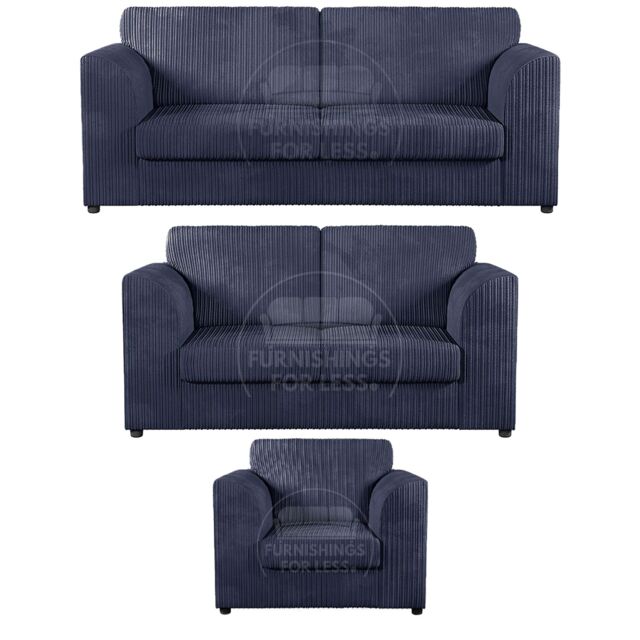 Furnishings For Less UK Luxor Jumbo Cord 3 + 2 + 1 Fabric 3 Piece Sofa Suite - Fullback in Navy - image 1