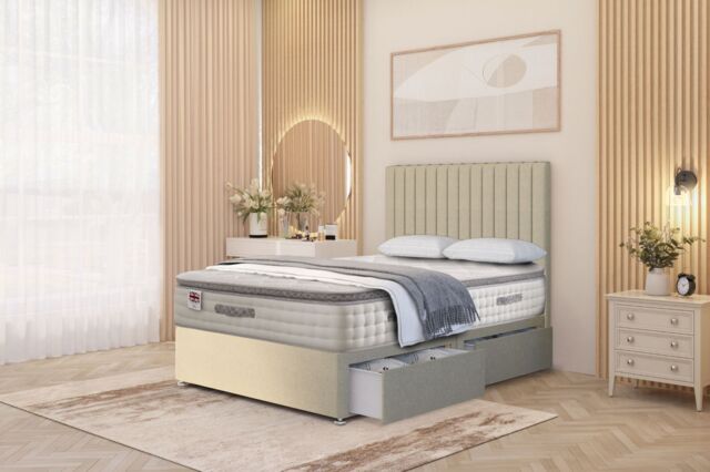 "Somnior Eleanor Linen 2 Drawer Divan Bed Set with Pillowtop & 54"" Headboard in Beige - Size: Double" - image 1