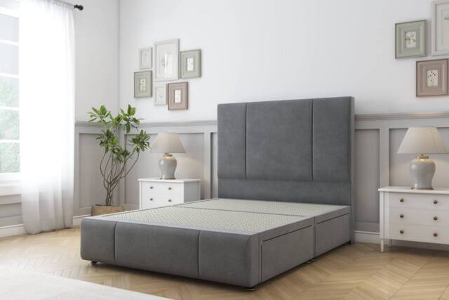 "Sloomy Lisbon Coniston Divan Base 2 Drawers - 54"" Headboard & 12"" Footboard in Dark Grey - Size: Double" - image 1