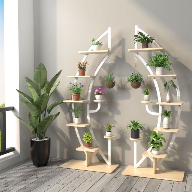 Costway Set of 2 Tall Wooden 8-Tier Plant Stand Rack Curved Half Moon Shape Ladder Shelf in White - image 1