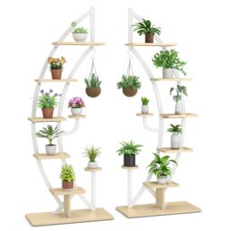 Costway Set of 2 Tall Wooden 8-Tier Plant Stand Rack Curved Half Moon Shape Ladder Shelf in White - thumbnail 5