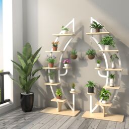 Costway Set of 2 Tall Wooden 8-Tier Plant Stand Rack Curved Half Moon Shape Ladder Shelf in White