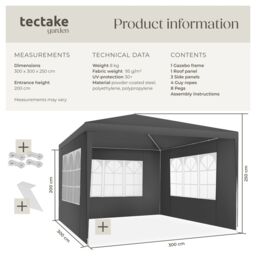 tectake Gazebo Barinas with 3 side panels, water-resistant, 3x3m in Grey - Size: Large - thumbnail 6
